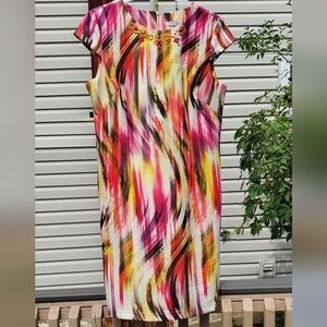 Madison Leigh Pink, Yellow, & Brown Swirled Stripe Beaded Neck Straight Dress